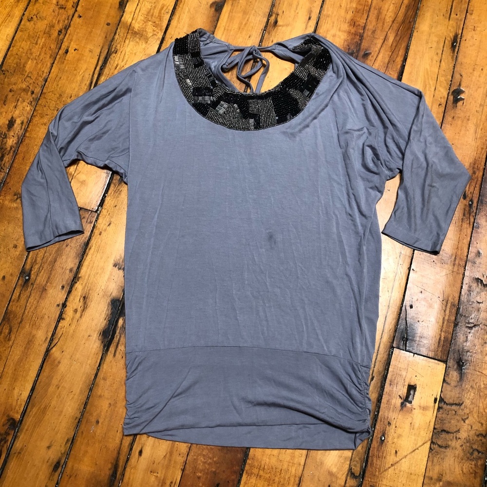 Cache grey top with beaded collar, size M, See Description
